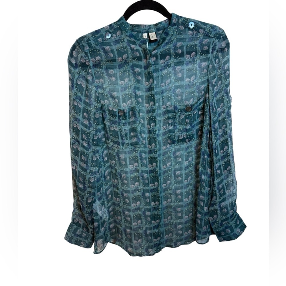 Mango Vintage Silk Sheer Teal Shell Pattern Blouse